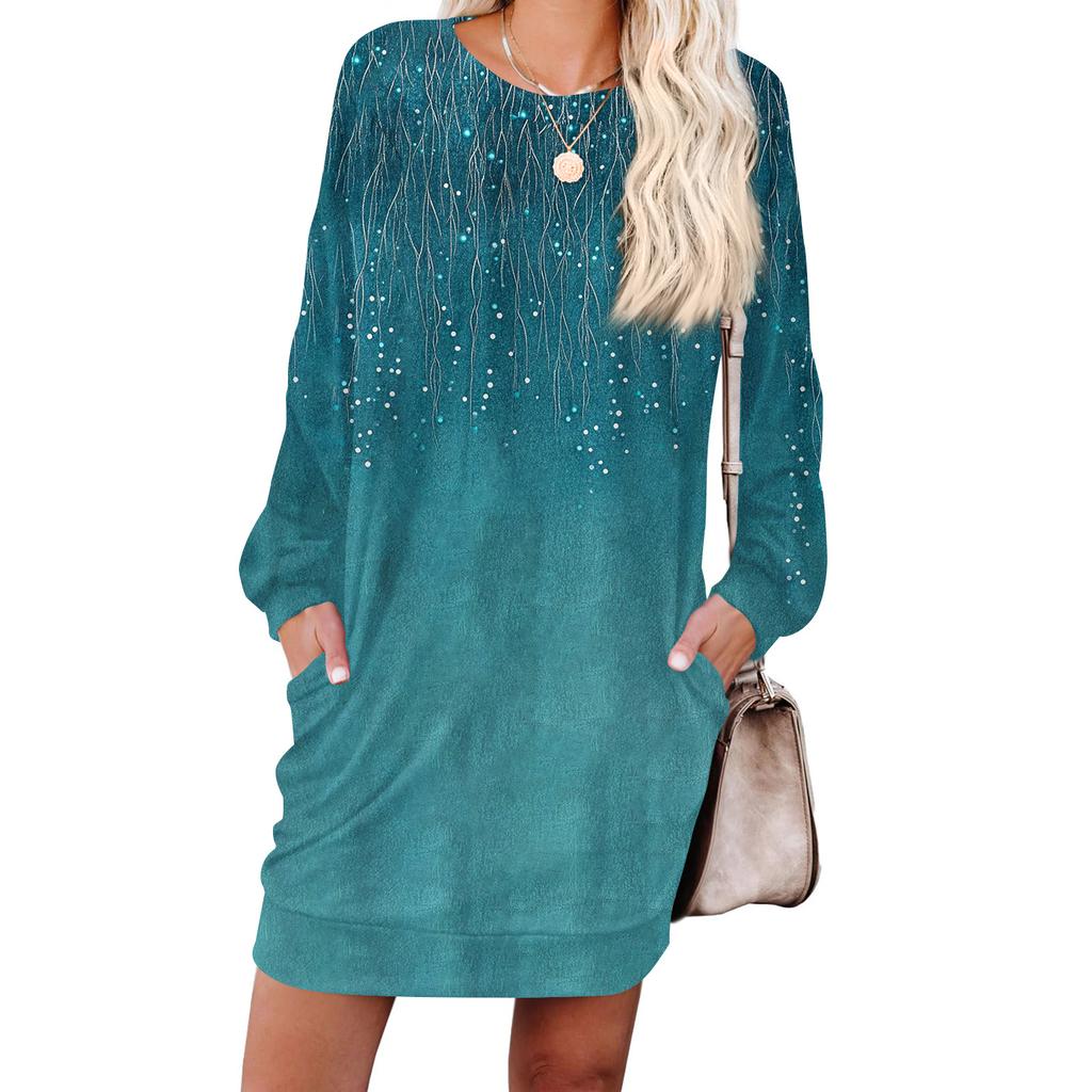 Women's Retro Printed Fashionable Long-sleeved Round-neck Pocket Dress