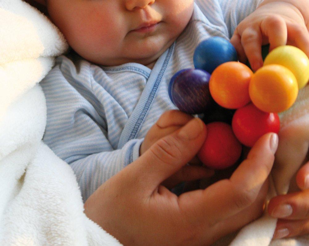 Grimm's Rainbow Bead Grasper Wooden Rattle Toy for Babies, Made with Natural Materials