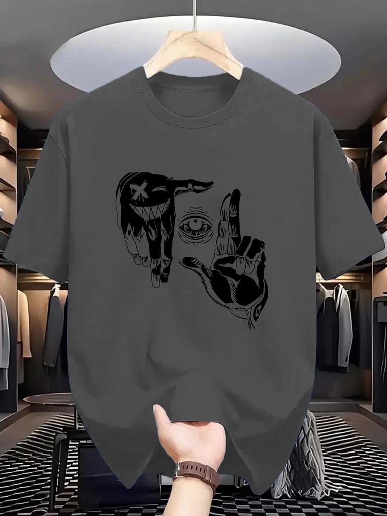 2025 Summer Men's 100_ Pure Cotton Casual Loose Plus Size Gesture Eye Personalized Pattern Printed Round Neck Short Sleeved