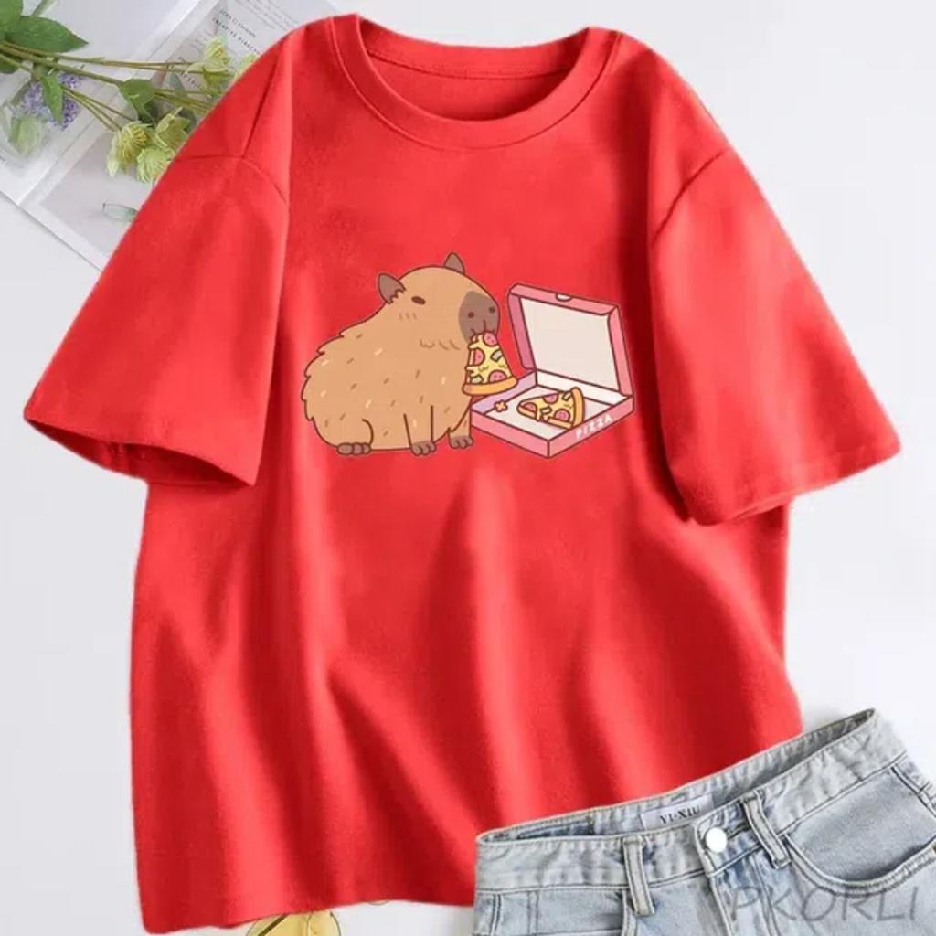 Забавная женская футболка с изображением капибары, поедающей пиццу, с графическим 3D-принтом, симпатичная футболка, женская футболка, уличная одежда
