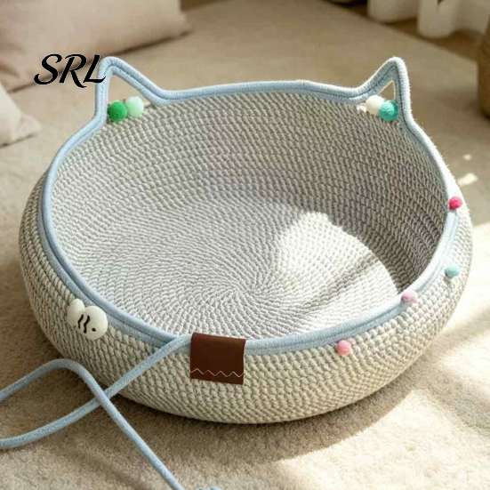 Indoor Pet Basket Bed Cotton Rope Cat Bed, Woven with Hanging Ball Toy, Cute Breathable Nest Ears, Sleeping for Cats Kittens Puppies Small Dogs