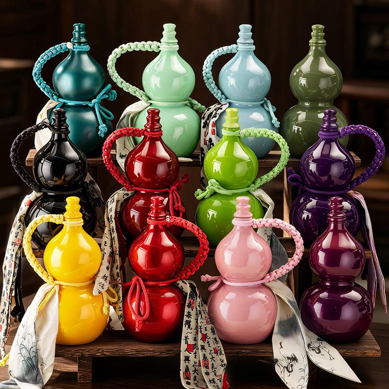 In Stock: 500ml Multicolor Imitation Porcelain Gourd Bottle with Hand Rope, Shoulder Strap & Accessories, Easy to Carry