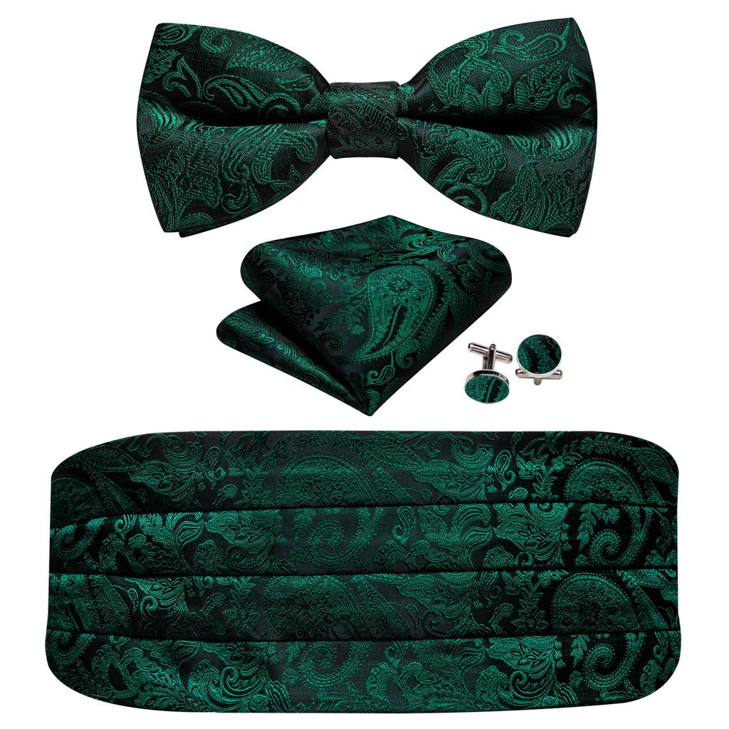 Barry.Wang Mens Cummerbund Belt and Bowtie Set Silk Pre Bow Tie Hanky Cufflink Set