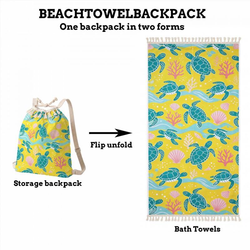 Quick-Dry Beach Towel With Sea Turtle Coral Fringe Design Foldable Portable Storage Bag Bath