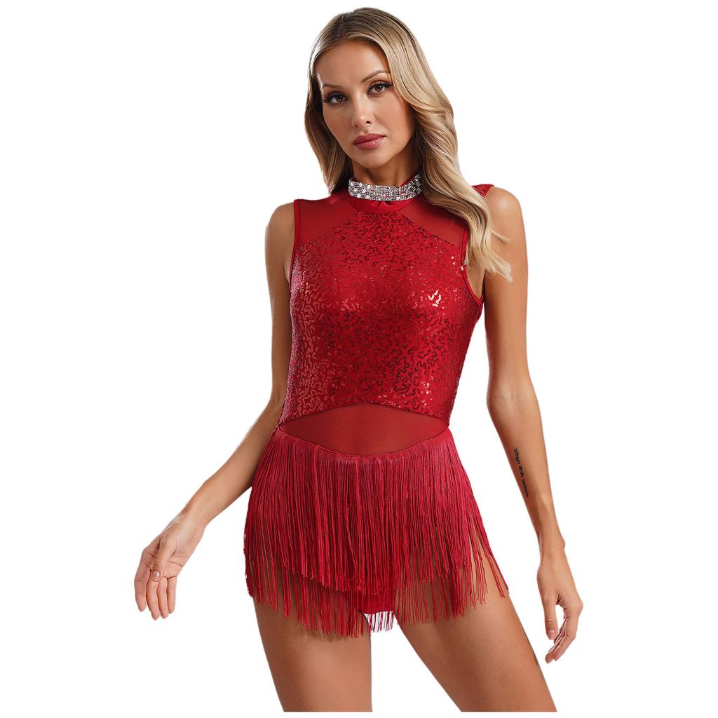 Womens Glittery Rhinestone Dance Dress Fringed Leotard Mesh Patchwork Design Sequined Latin Performance Costume