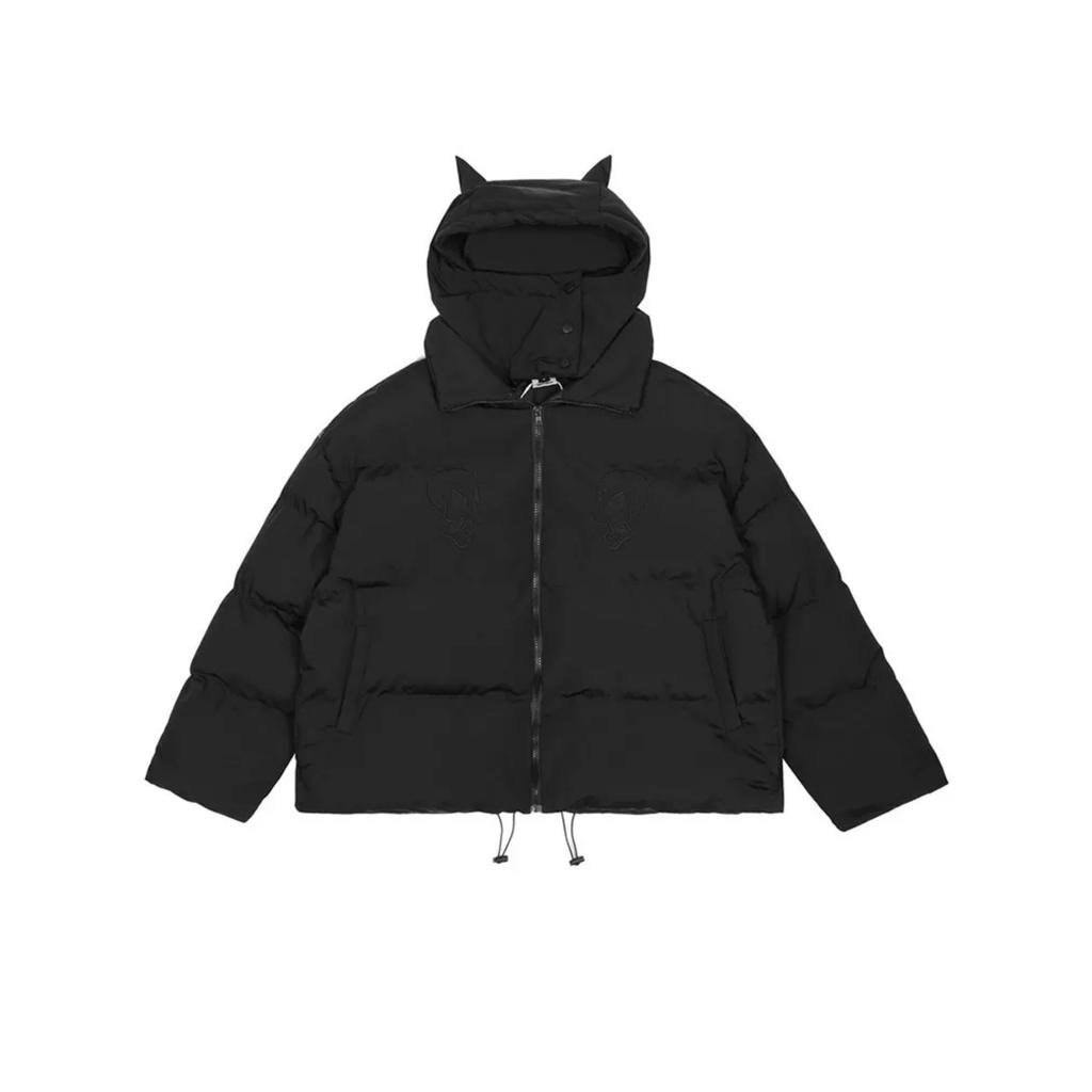 Cotton-Padded Hip Hop Parkas Men Devil Horns Winter Hooded Down Jacket Retro Y2K Thicken Puffer High Street Loose Bubbles Coats