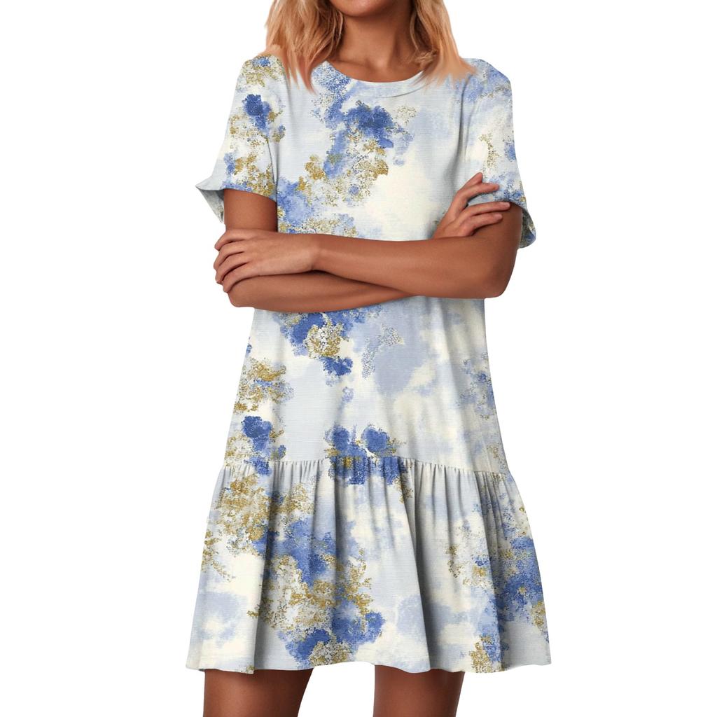 Женские модные повседневные платья с круглым вырезом и коротким рукавом с оборками и винтажным принтом