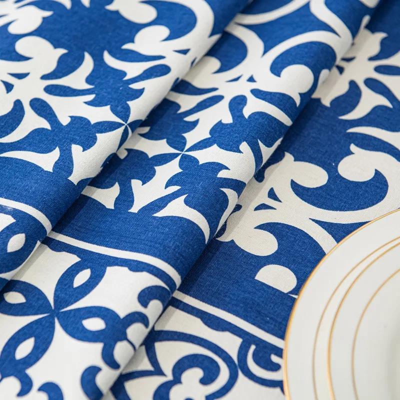 Blue and White Porcelain Patterned Rectangular Tablecloth Chinese Style Floral Table Cover Cotton Dustproof Tabletop Cover