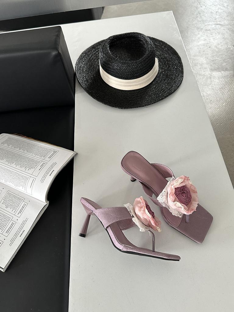 Модные женские босоножки с открытым носком, бежевые, розовые, фиолетовые, с цветочным узором, летние туфли-мюли на тонком высоком каблуке, туфли-туфли 35-39