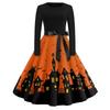 Women's Casual Fashion Halloween Print Round Neck Vintage Style Dress Long Sleeve Fit and Flare Midi Dress with Waist Tie for Seasonal Wear