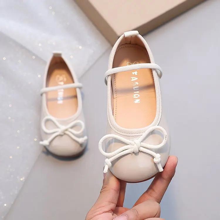 Kids Leather Shoes 2024 Spring/Autumn Girls Flats with Simple Lacing Bow Round Toe Soft Sole Colored Princess Shoes for Show
