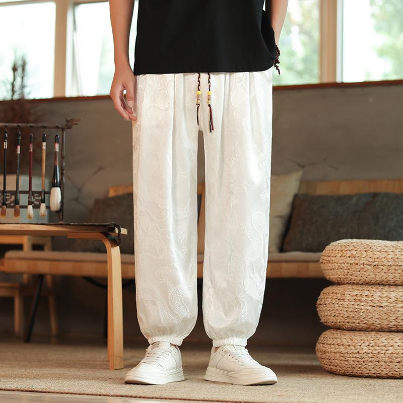 Outdoor Pants Men Lce Silk Dragon Dark Flower Loose Bloomers Wide Leg Casual Trousers Male