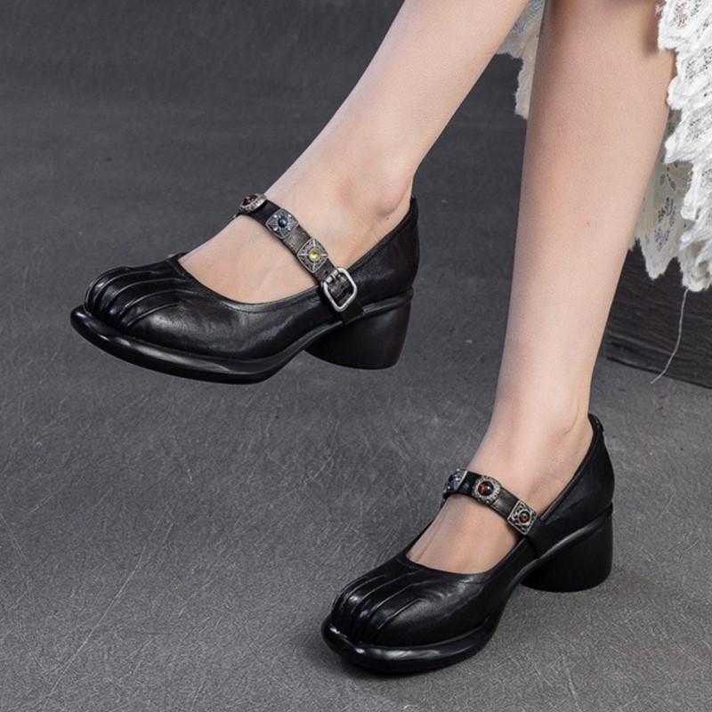 Fashion GKTINOO 2025 Spring New Lolita Genuine Leather Shoes Sweet Round Toe Thick Heel Wrinkled Women's Shoes