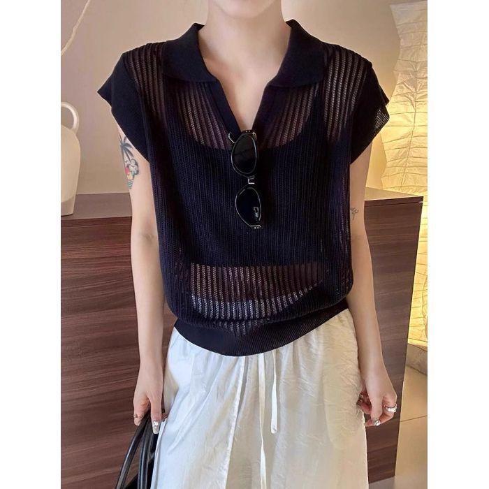 Модная футболка с коротким рукавом и лацканами в стиле колор-блок для женщин, летний новый стиль, элегантный и стройнящий вязаный топ