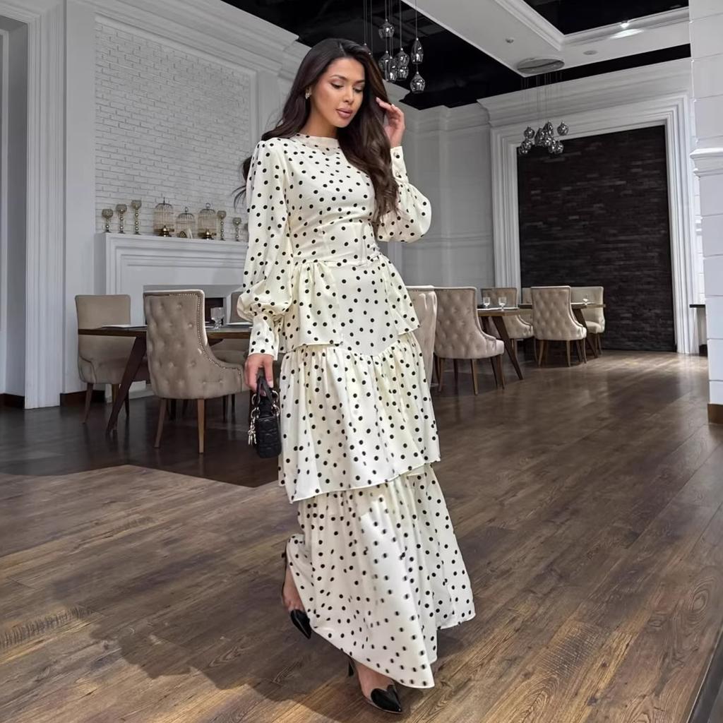 Европейская и американская женская одежда весна новинка горошек принт многослойная юбка большой клеш длинное тонкое платье длинное платье