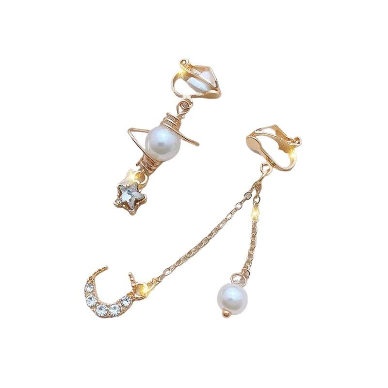 Модные серьги «Звезда Луна» с жемчугом, клипсы для ушей, цветочные украшения с бантом