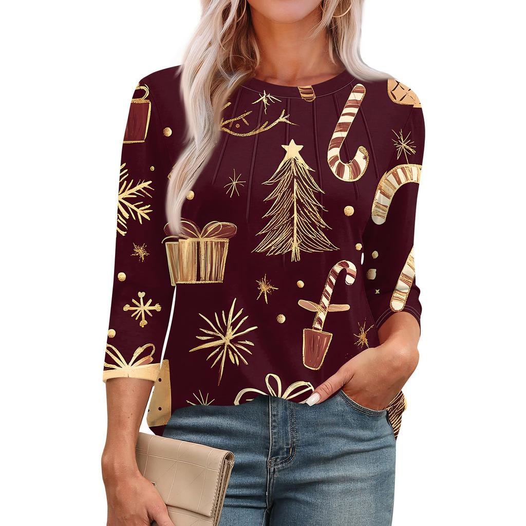 Женская модная футболка с круглым вырезом и рукавом 3/4 с рождественскими принтами, повседневная базовая плиссированная футболка-пуловер