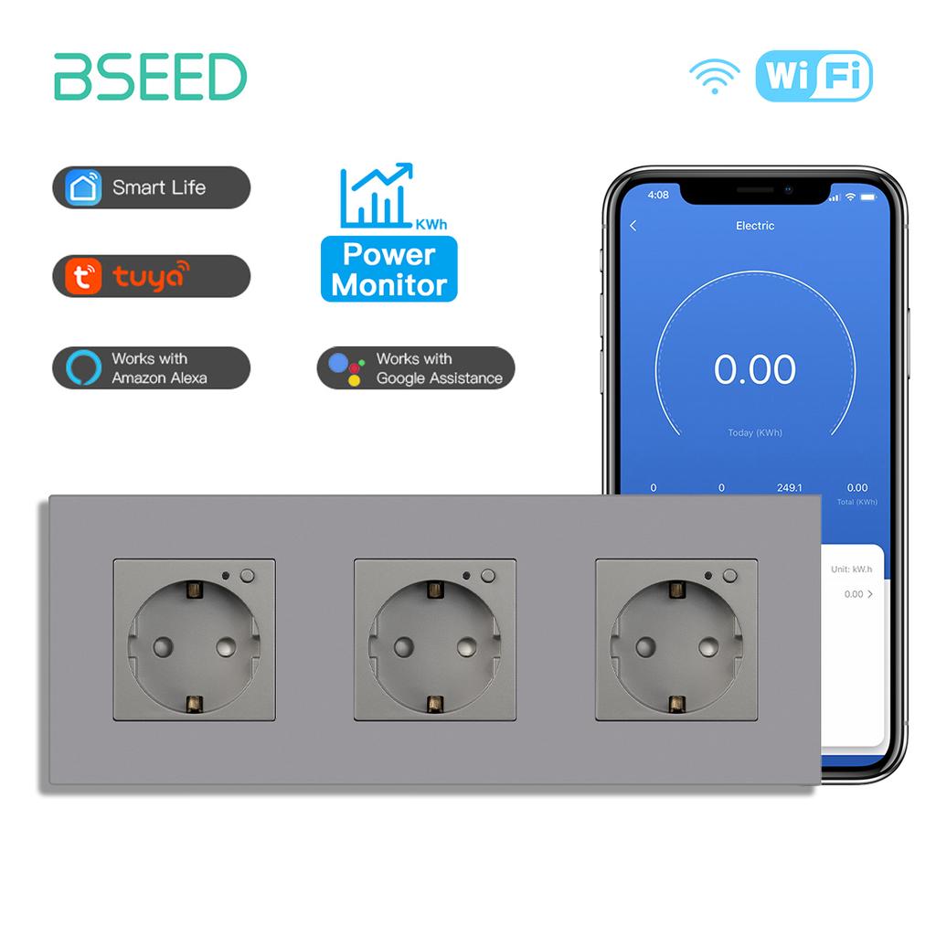 BSEED EU Smart Wifi Control Power Monitor Sockets 16A 110V-250V Power Wall Sockets Plastic Flame Support For Tuya Google Alexa