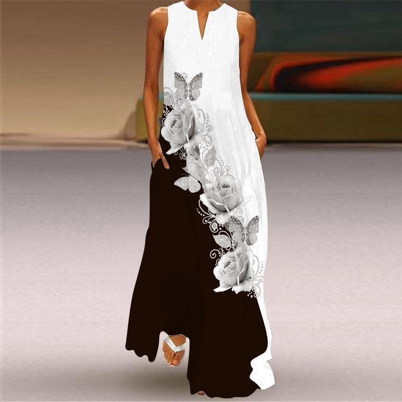 2024 Новое летнее женское европейско-американское принтованное макси-платье без рукавов с V-образным вырезом