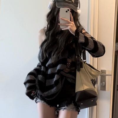 Deeptown Gothic Streetwear Полосатый вязаный свитер Gothi для женщин Harajuku Punk джемпер Свободные универсальные топы