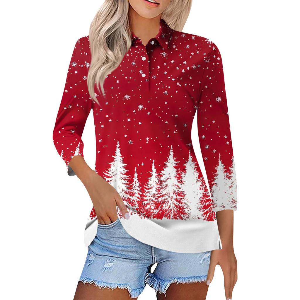 Women's Fashion Casual Lapel Short 3/4 Sleeve Christmas Print Shirt Women's Button Up Tops