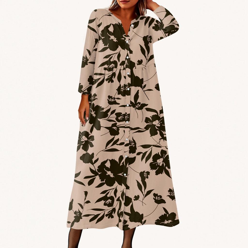 Женское модное платье-рубашка свободного кроя с принтом, круглым вырезом и рукавами семь четвертей на пуговицах