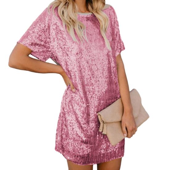 Женское летнее миди-платье с пайетками, повседневное платье-футболка с коротким рукавом и круглым вырезом