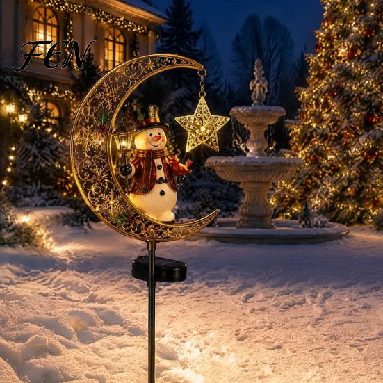 Durable Metal Patio Lights Solar Christmas Crescent Light, Moon Snowman Garden Stake Waterproof Iron LED Pathway Lamp for Outdoor Yard Lawn Decoration