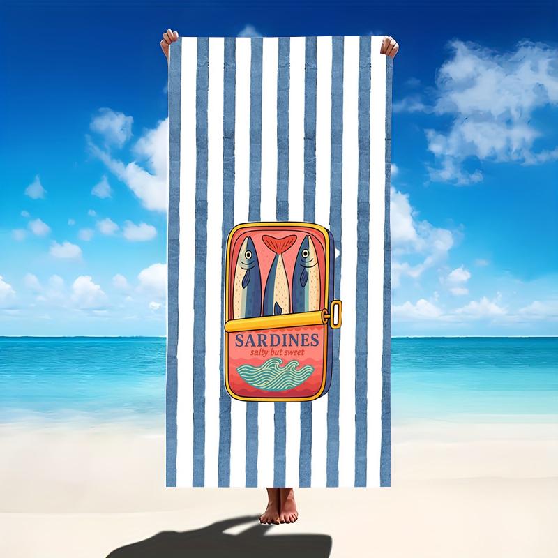Sardines Can Pattern Beach Towel Blue White Stripe Retro Design Lightweight Travel Towel Women Summer Gift