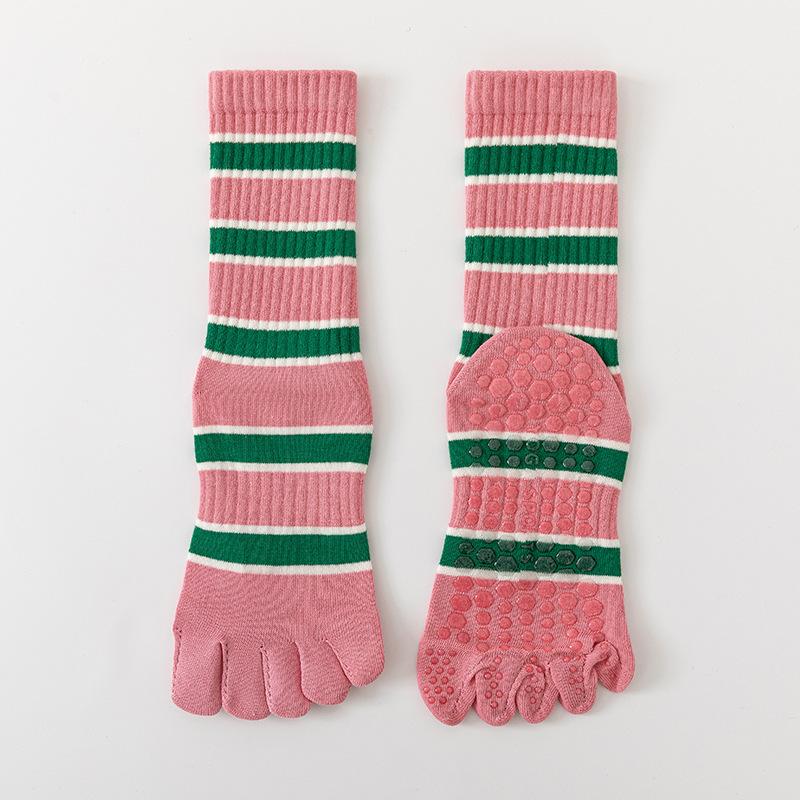 Носки для йоги с пятью пальцами, повседневные полосатые, для занятий в помещении, для пилатеса, силиконовые нескользящие, женские профессиональные фитнес-носки для танцев и спорта