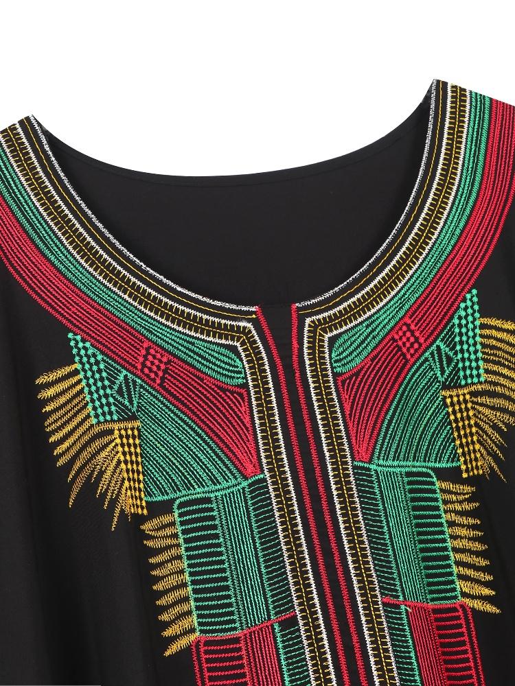 EDOLYNSA Colorful Embroidered Black Women Robe Kaftan Bohemian Long Dress Relaxed Vacation House Dress Swimsuit Cover-up Q1660