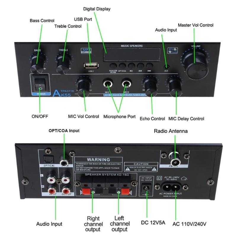 Высокомощный цифровой усилитель голоса 70 Вт x 2 с приемником и Bluetooth-совместимостью 5.0 для домашних акустических систем