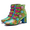 Retro Printed Genuine Leather Short Boots Flower Comfortable Thick Heel Women's Boots