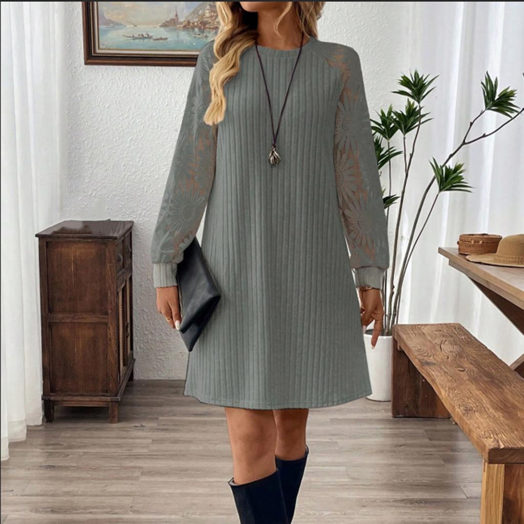 Женское модное повседневное платье с круглым вырезом, рубчатое, со шнуровкой, пуловер, с длинным рукавом