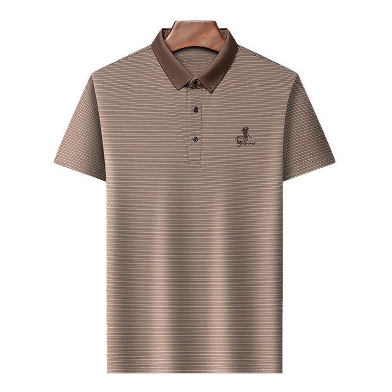 Рубашка поло с коротким рукавом, мужская повседневная дышащая тонкая пряжа, полосатая вышитая футболка с лацканами