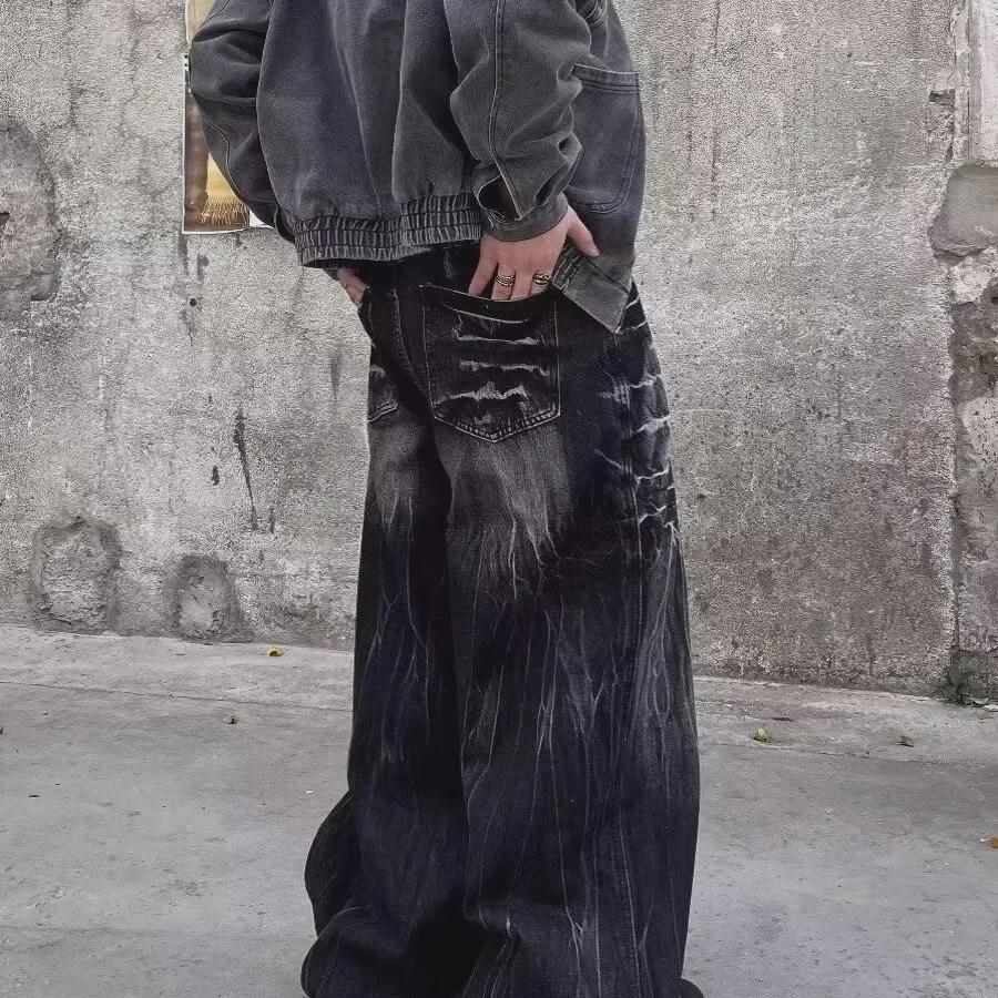 Унисекс-американские уличные модные прямые джинсы с эффектом потертости - модные свободные широкие брюки из денима