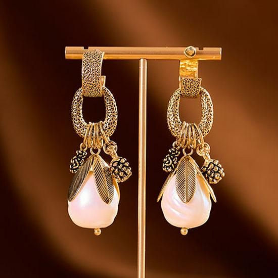 Pearl Earrings with Pine Cone & Leaf Design | Retro Fashion Round Rings | Elegant Dangle Style