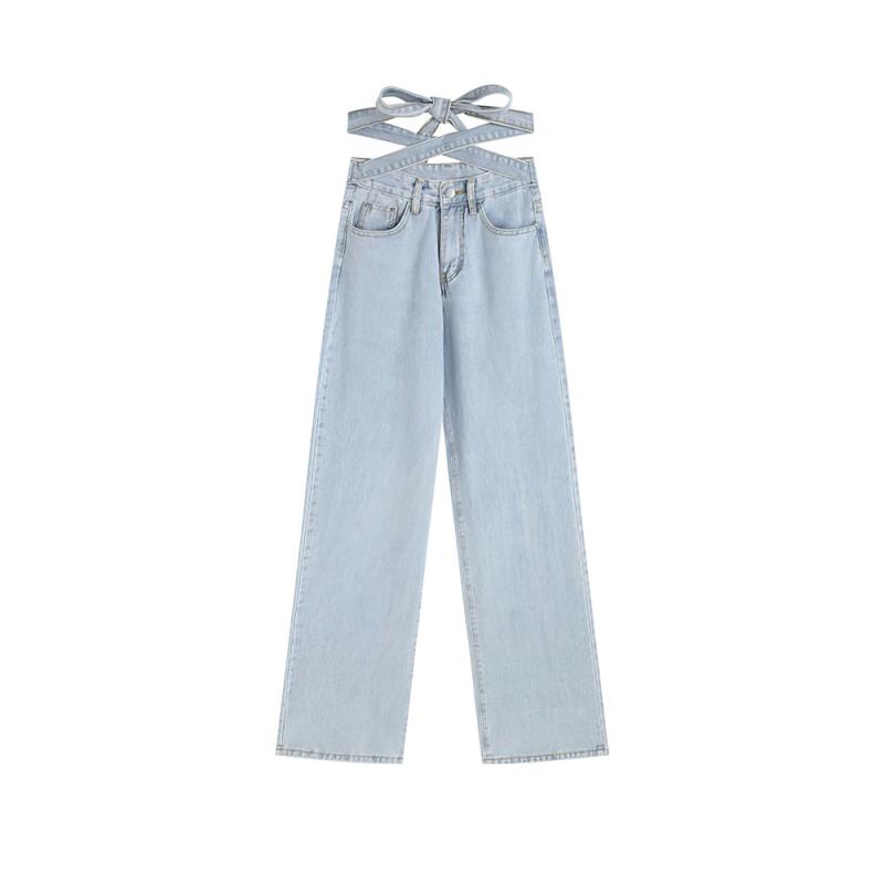 Светло-голубые джинсы, женские сексуальные бандажные корейские версии, джинсовые брюки в стиле ретро с высокой талией, широкие брюки, уличная одежда, мешковатые джинсы