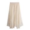Qooth Women A Line Bead Chiffon Skirt Wide Hem Mid  Length Elastic Waist Slim Casual Skirt QT2650