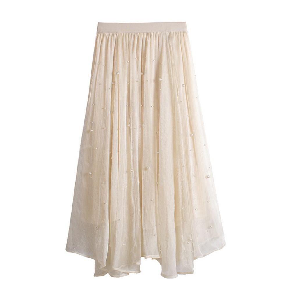 Qooth Women A Line Bead Chiffon Skirt Wide Hem Mid Length Elastic Waist Slim Casual Skirt QT2650