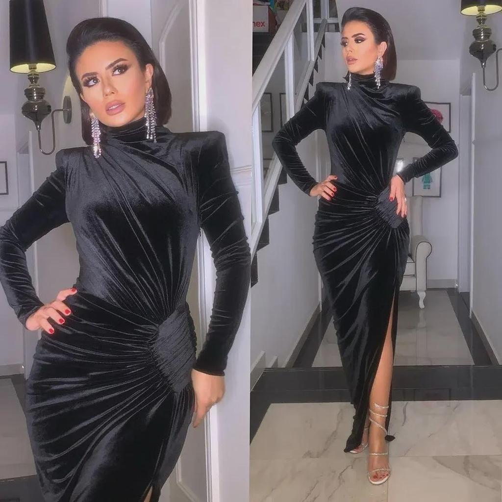 Осеннее платье 2025 года из темно-зеленого бархата с высоким разрезом, украшенное звездами, асимметричное длинное платье