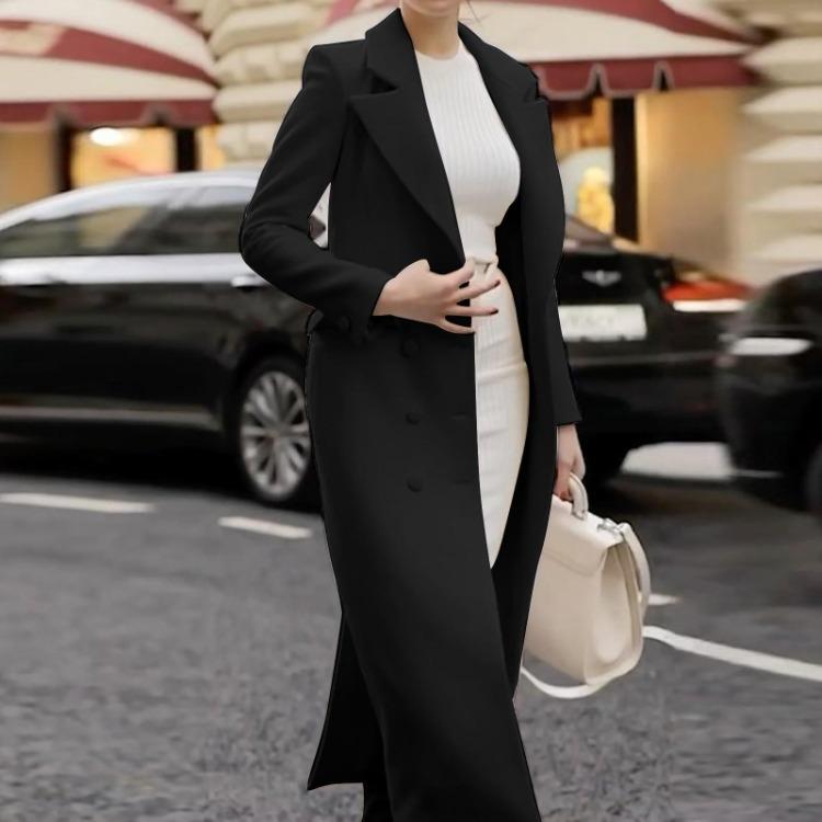 Retro Solid Color Women's Casual Long Wool Coat Fashion Lapel Coat