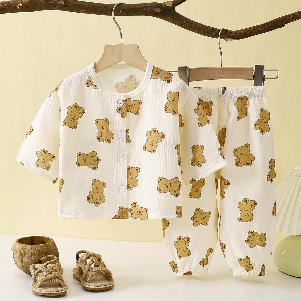 Children's Cotton Gauze Pajamas Set - Summer Long-Sleeve with Lantern Pants