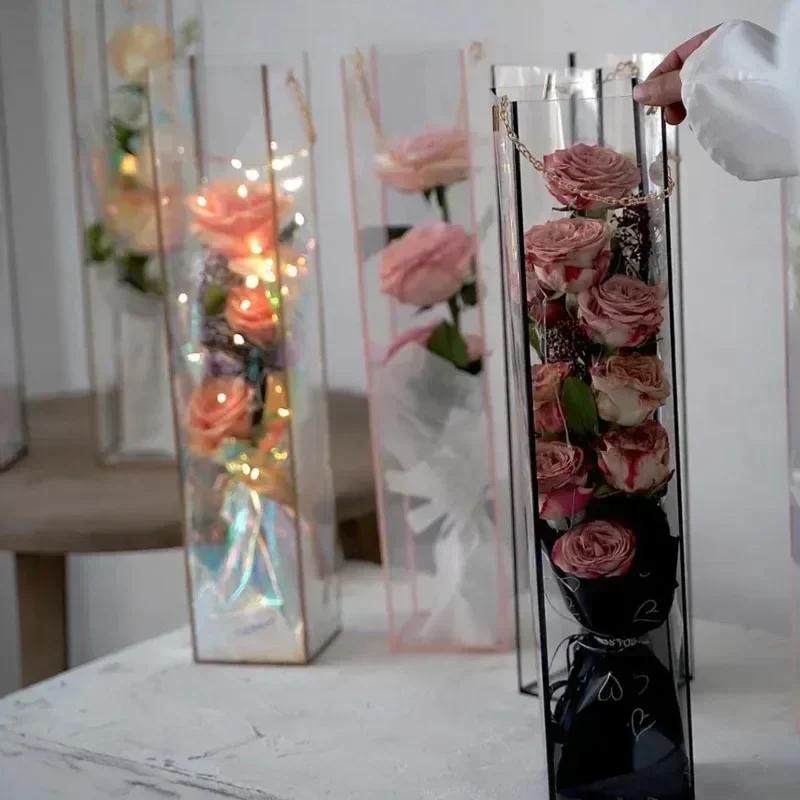 5 шт. Прозрачный пластиковый пакет для упаковки цветов Белые пакеты с ручкой из металлической цепочки Подарочная коробка Цветочная сумка Свадебное украшение