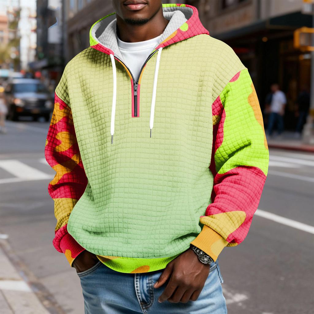 Мужской худи-пуловер в клетку с капюшоном на молнии до середины, со шнурком и принтом, повседневная спортивная толстовка