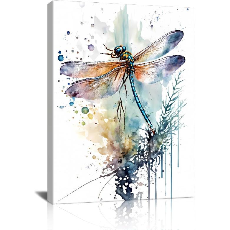 Framed Dragonfly Canvas Wall Art,Watercolor Dragonfly Decor Wall Print,Colorful ect Canvas Wall Art Prints,Dragonfly Floral Pictures Artwork Printing