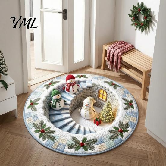Durable Entrance Rug for Winter Round 3D Christmas Rug, Vortex Optical Illusion Area Santa Snowman Staircase Easy to Clean Holiday Depth Pattern,