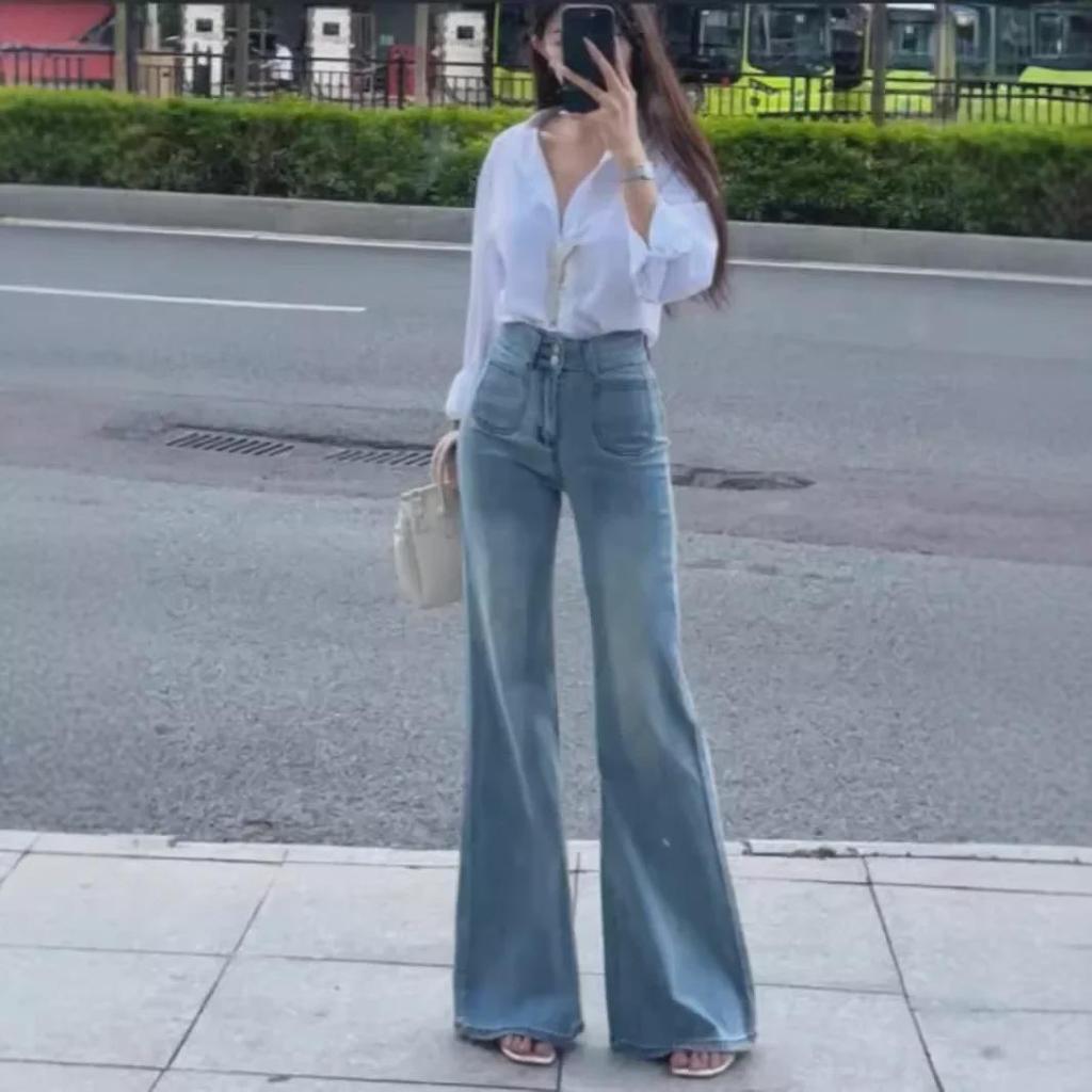 «Женские узкие расклешенные джинсы с высокой талией — тренд весны/осени 2025 года, маленький размер, эластичный и свободный крой»