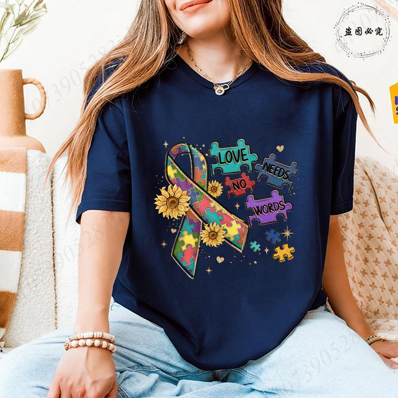 Autism Awareness Women Top Love Needs No Words Puzzle Graphic Tshirts O Neck Short Sleeve Summer Oversized FeUnisex Clothes
