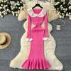 Knitted Dress Women's Autumn and Winter French Retro Color Collision Doll Collar Single-breasted Waist Slim Fishtail Long Dress